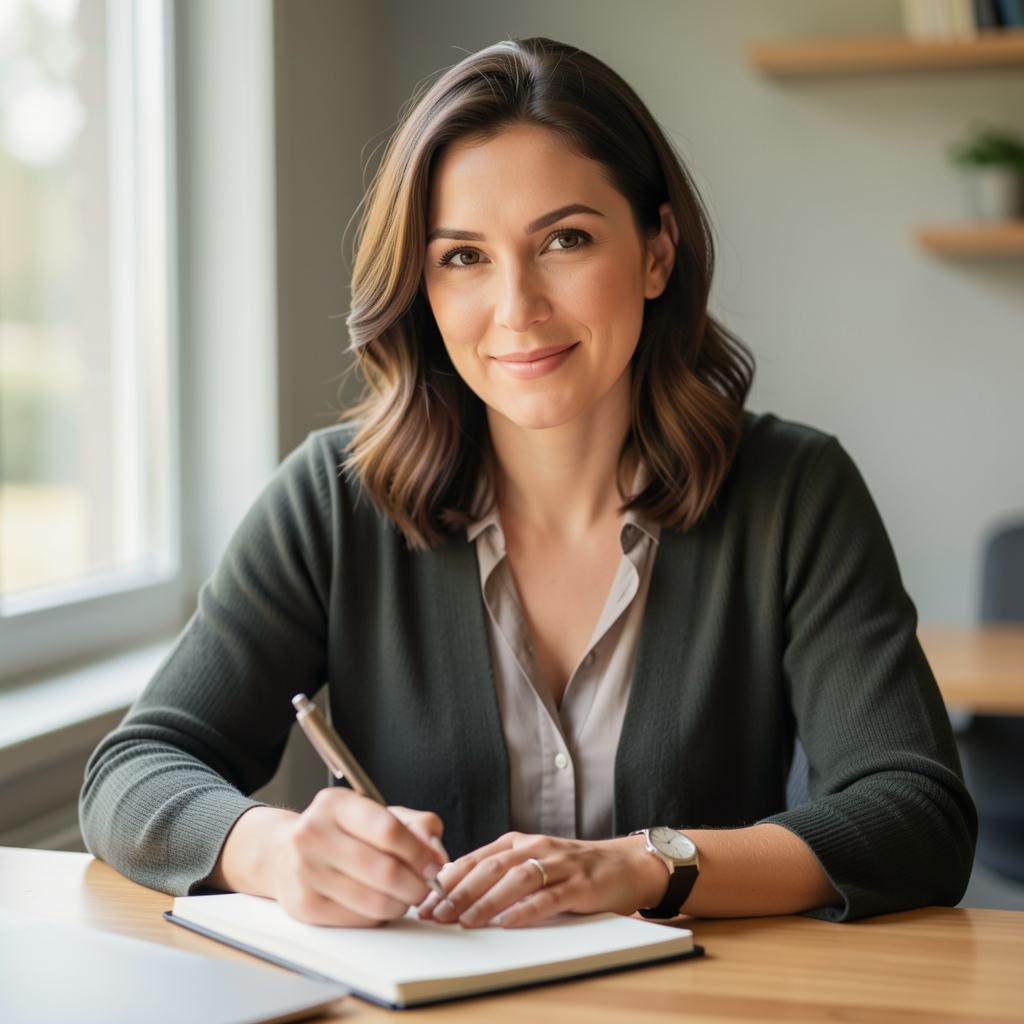 Editorial portrait of a nutritionist writing in a notebook at a desk with soft side-window light