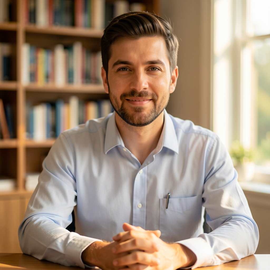 Editorial portrait of a male nutritionist and researcher seated at a desk with bookshelves in background, warm natural light
