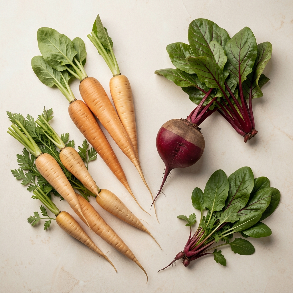 Seasonal vegetables arranged on a pale surface — parsnips, beetroot and winter greens in editorial flat-lay composition