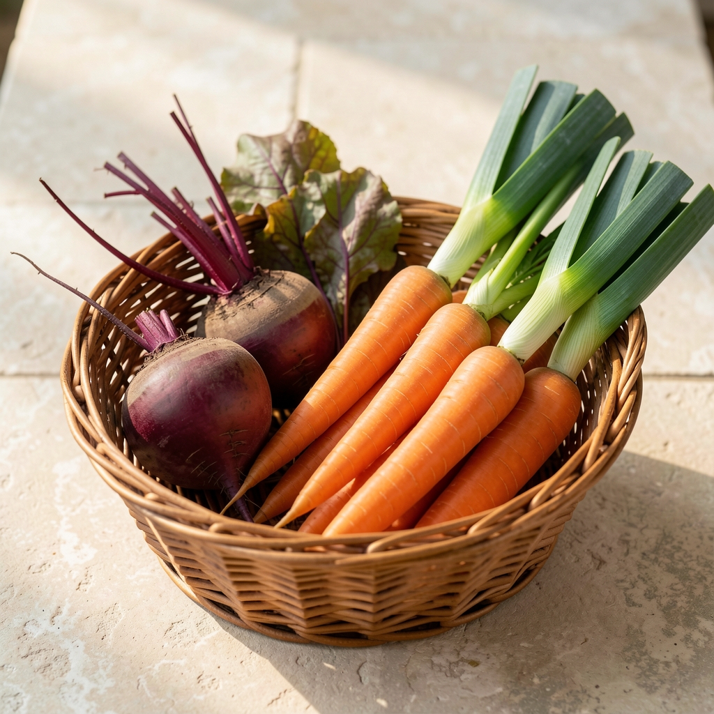 Basket of seasonal autumn vegetables including beetroot, carrots, and leeks arranged on a pale stone surface in natural light