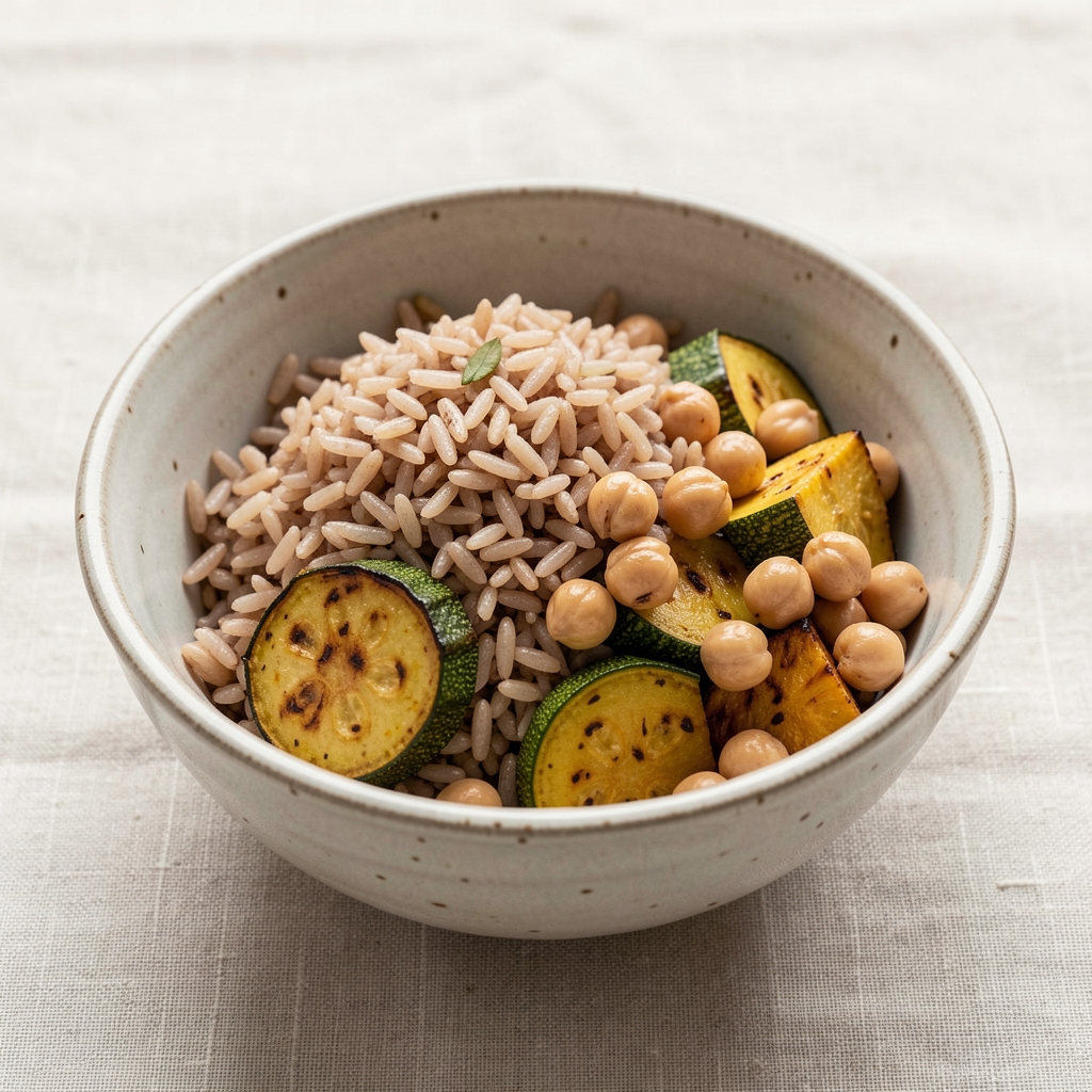 Bowl of whole foods in natural light — brown rice, roasted courgette and chickpeas in a ceramic bowl on a pale linen surface