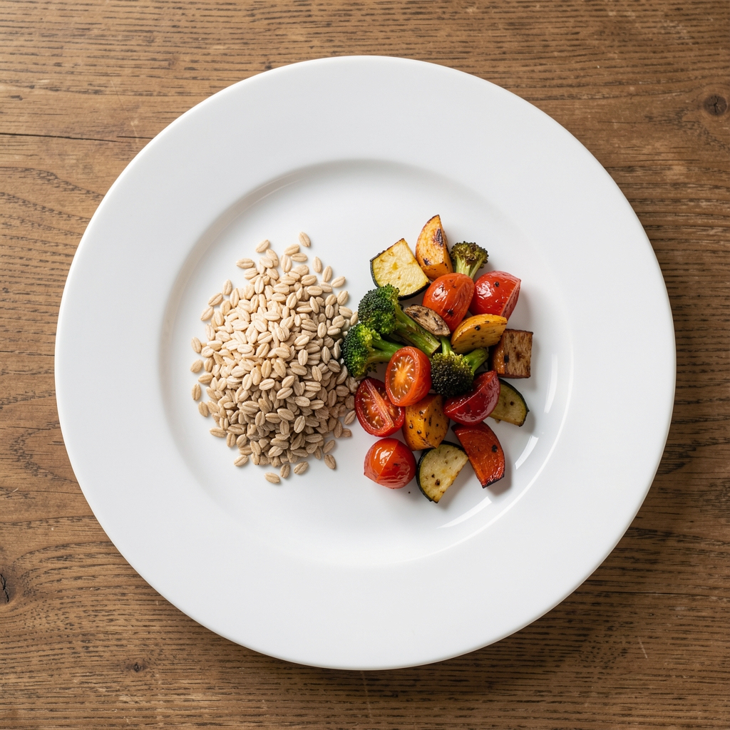 White dinner plate on a wooden table with a small portion of whole grains and roasted vegetables, overhead view in soft daylight