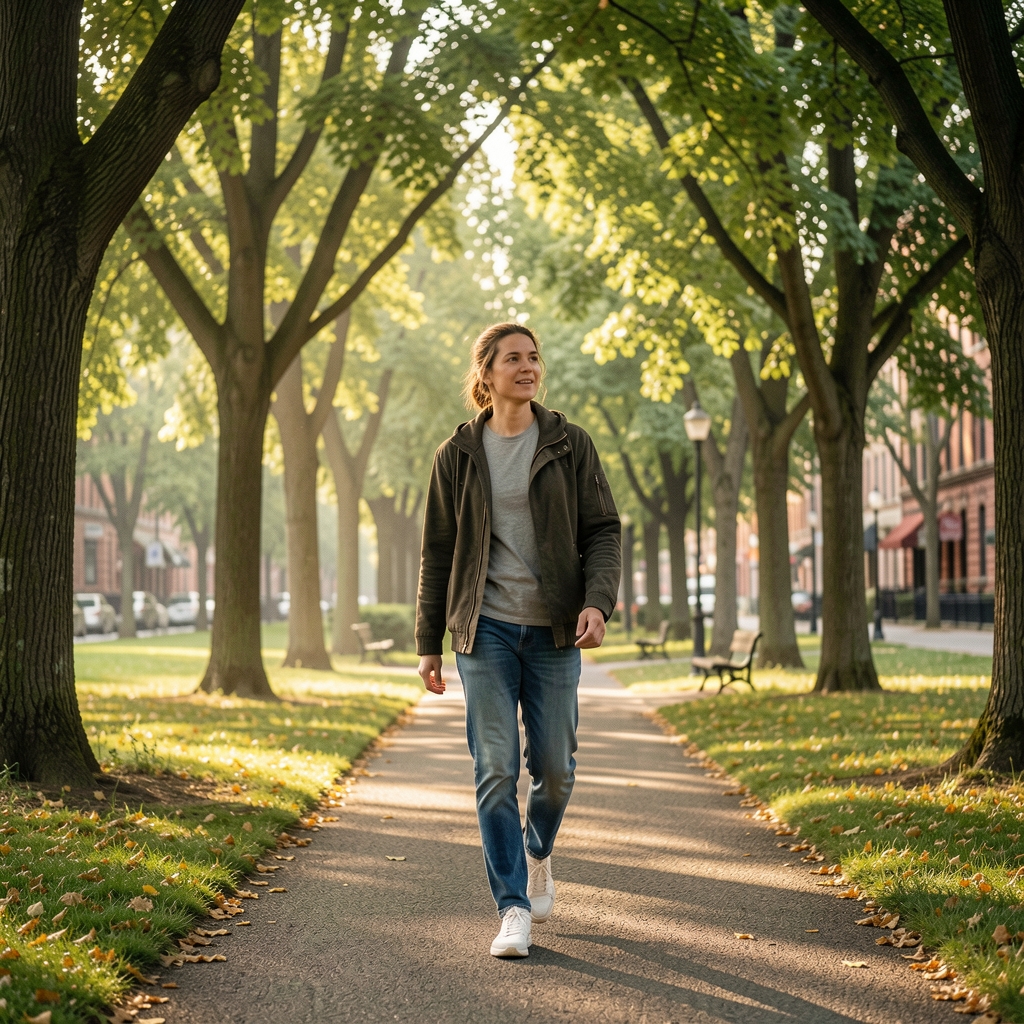 Active morning walk through a leafy urban park, person in casual clothes, early light filtering through trees