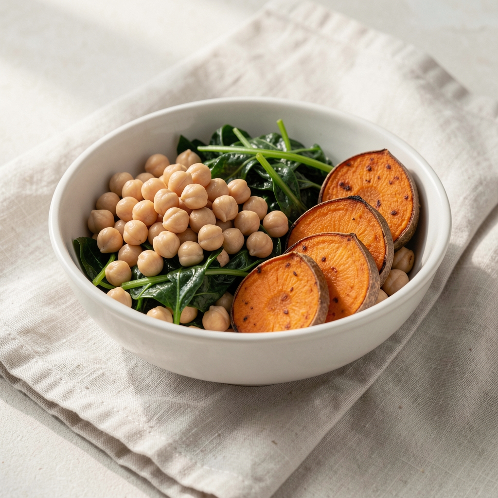 Bowl of whole foods including chickpeas, leafy greens, and roasted sweet potato on a pale linen cloth in natural light