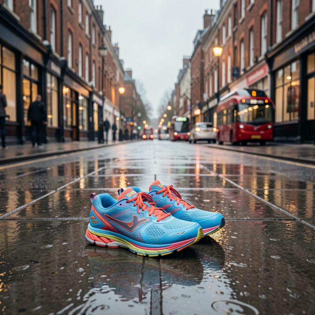 Running shoes on a wet London pavement at dawn with overcast light and street reflections