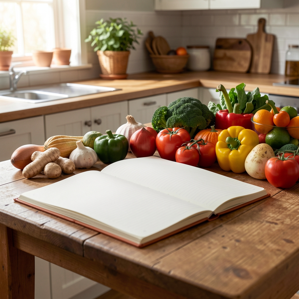 Kitchen table with seasonal vegetables and an open notebook in natural morning light, editorial composition